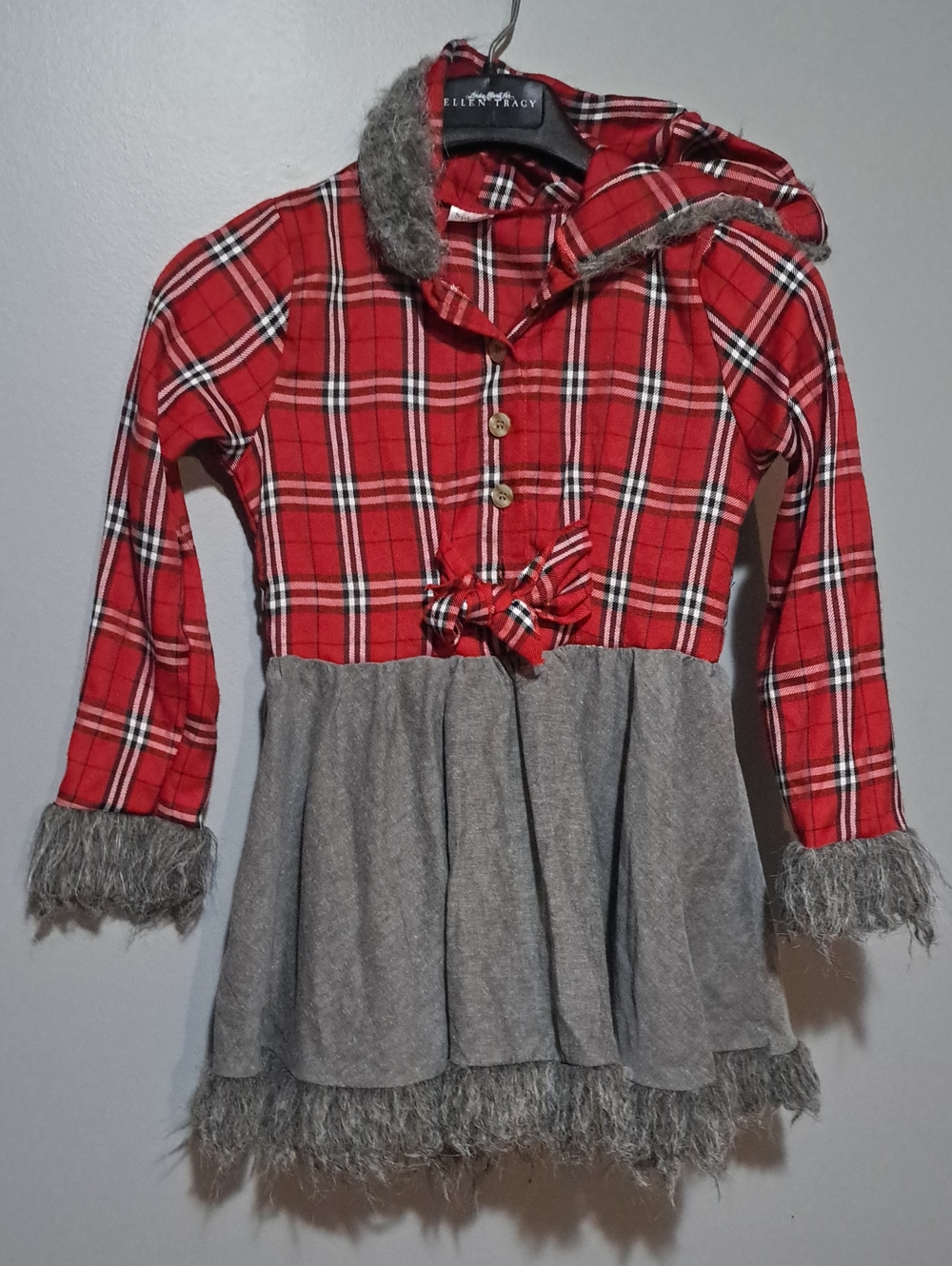 Spirit Red Plaid and Gray Faux-Fur Trim Sexy Wolf Hooded Long Dress With Tail